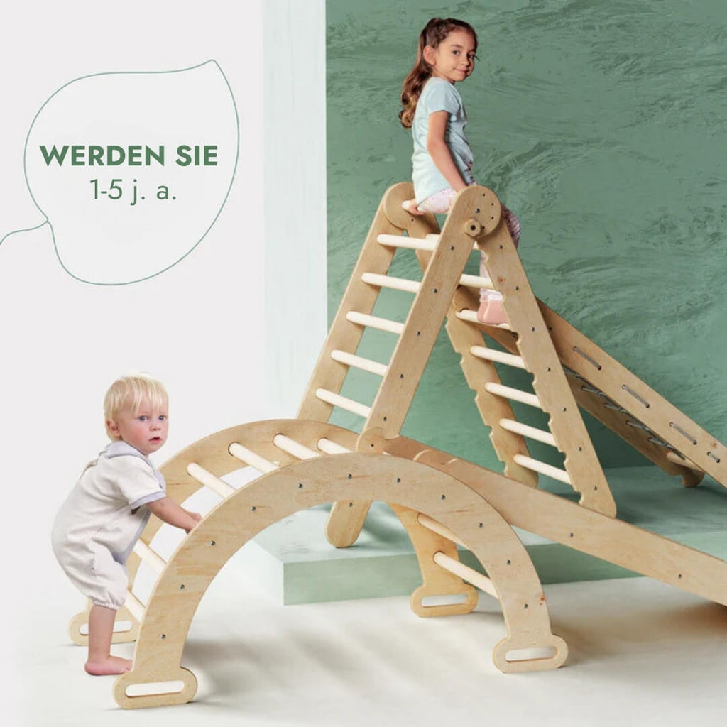 4in1 Montessori Klettergerüst Set: Kletterdreieck mit Rutsche, Kletterbogen, Kletternetz, für Kinder 1-7 Jahre – Beige