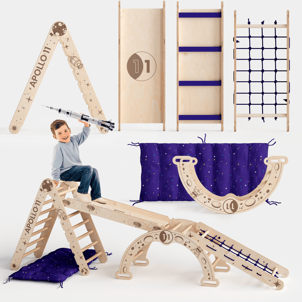 Apollo 5-in-1 Kletterset: Pikler-Dreieck, Kletterbogen, Rutschbrett, Kissen und Netz für kleine Astronauten