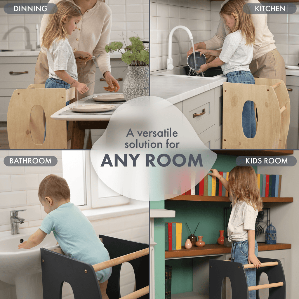 Stabiler Montessori Lernturm: Mitwachsender Kinderstuhl aus Holz – Beige
