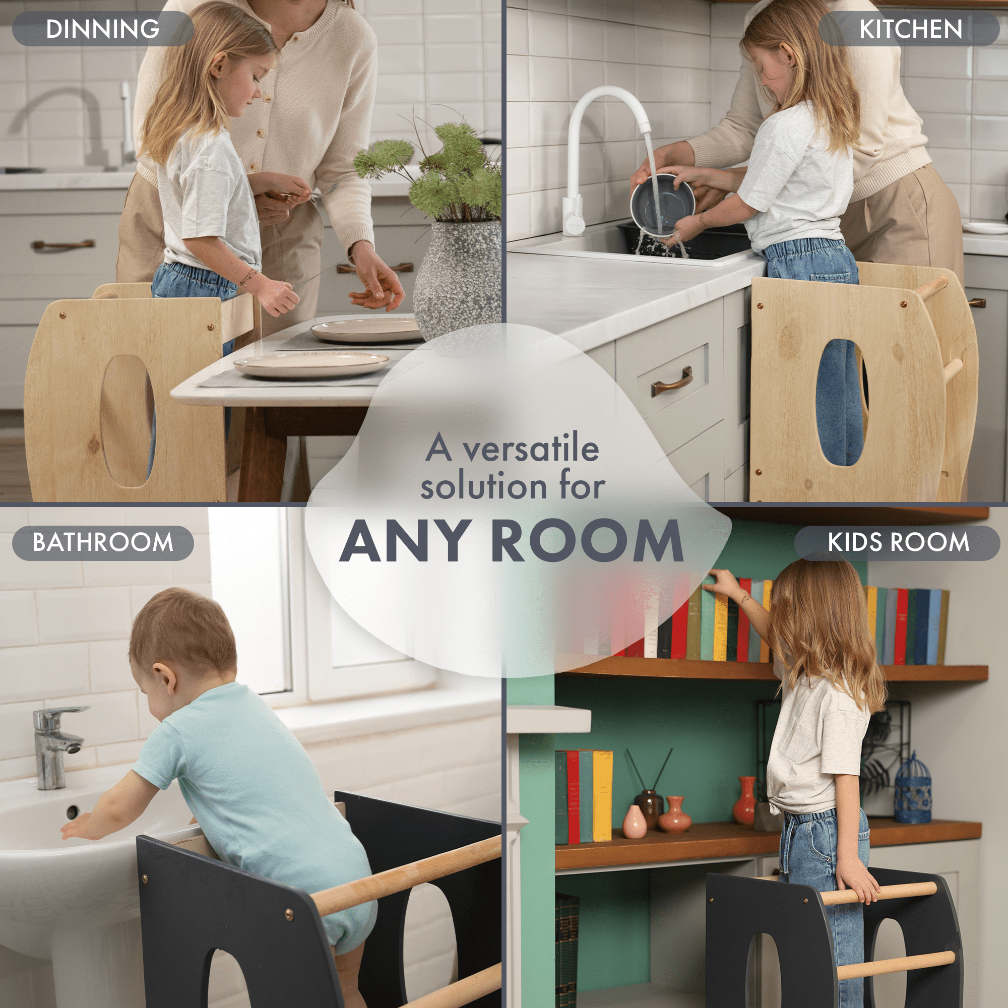 Stabiler Montessori Lernturm: Mitwachsender Kinderstuhl aus Holz – Beige