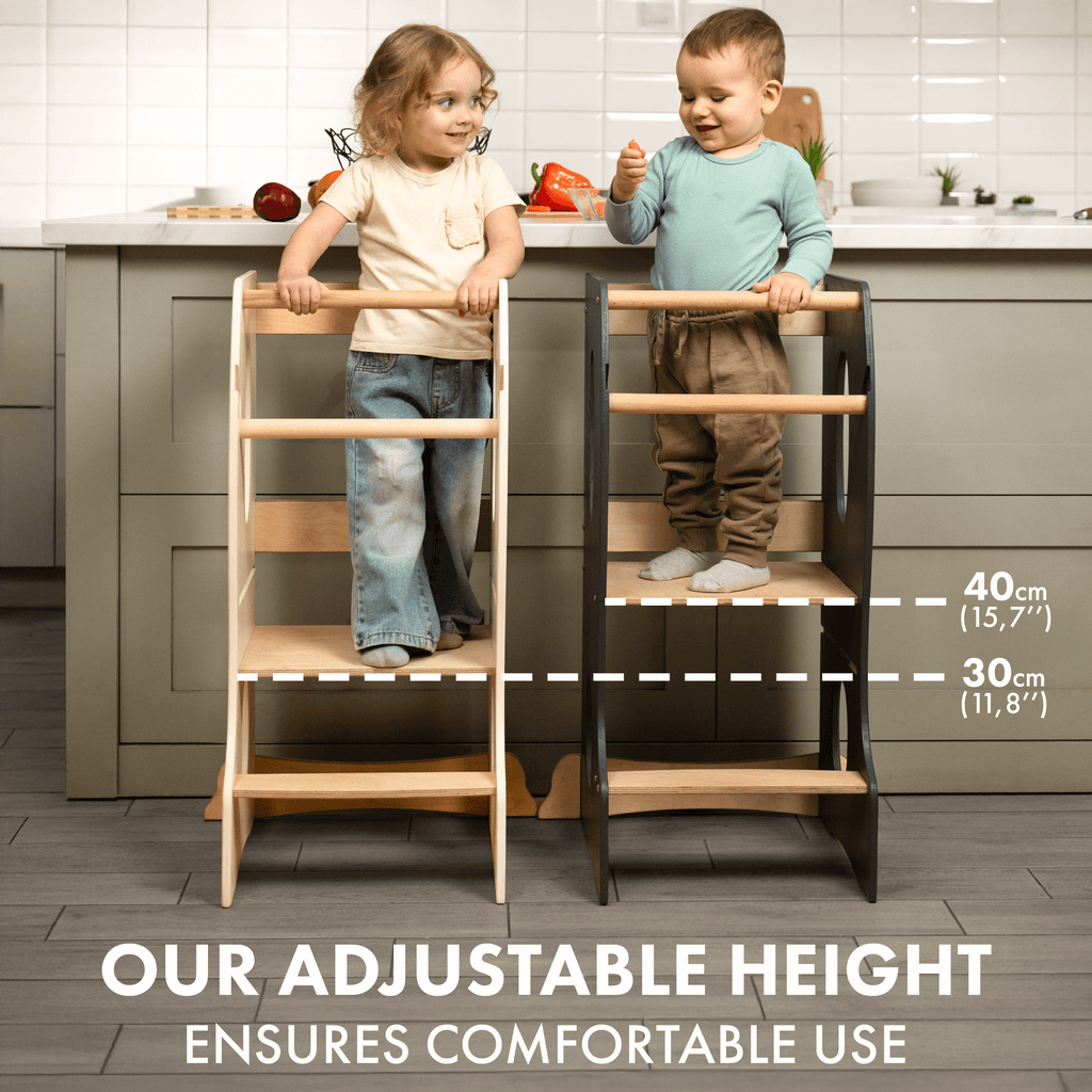 Stabiler Montessori Lernturm: Mitwachsender Kinderstuhl aus Holz – Beige