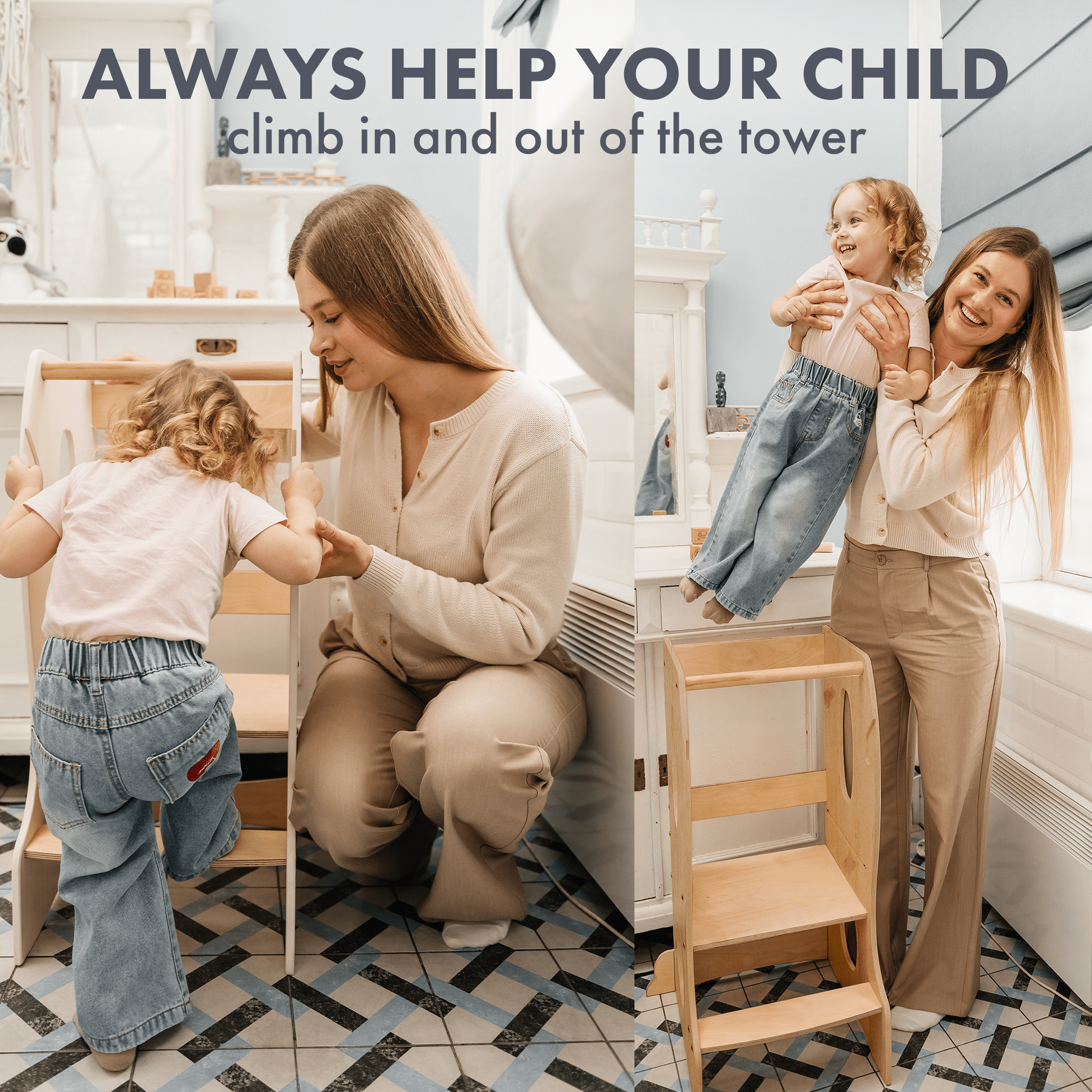 Stabiler Montessori Lernturm: Mitwachsender Kinderstuhl aus Holz – Beige